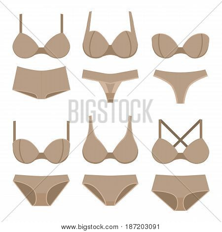 Set of lingerie beige bras and panties colorful flat illustration of women underwear. Vector