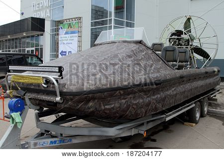 PERM RUSSIA-APRIL 14 2017: Camouflage Hovercraft 