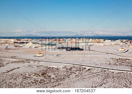 Iceland small village in winter season with clear blue sky background Iceland natural landscape background