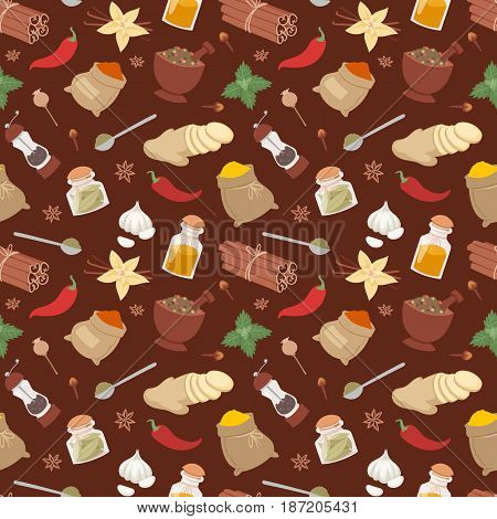 Spices, condiments and herbs relish decorative elements and icons. Seeds, fruit, flower buds, leaves, blends and roots of seasoning food plants. Healthy organic vegetable. Seamless pattern