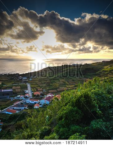 Aerial view to Vila do Corvo at sunset in Corvo island Azores Portugal