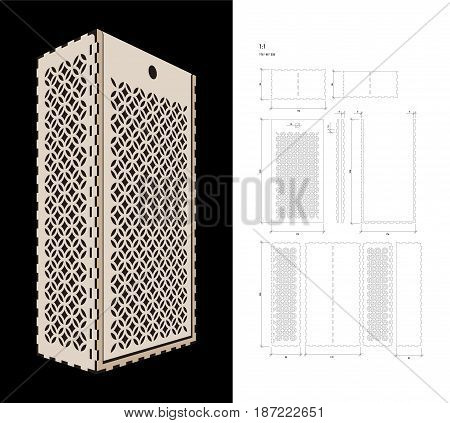 Cut out template for two bottles Wine gift slider Box or Wine  Glass Box (plywood 3 mm). Creative memory bottle pack with geometric design. Scheme is suitable for a laser cutting or printing