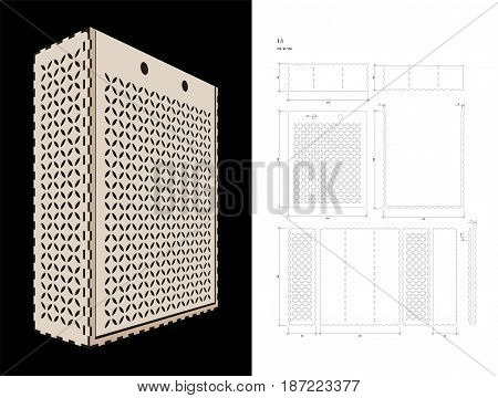 Cut out template for three bottles Wine gift slider Box or Wine  Glasses Box (plywood 3 mm). Creative memory bottle pack with geometric design. Scheme is suitable for a laser cutting or printing