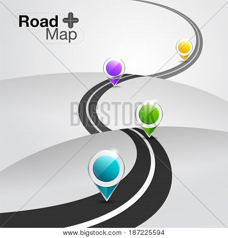 Road map infographic with colorful pin pointer location. vector illustration