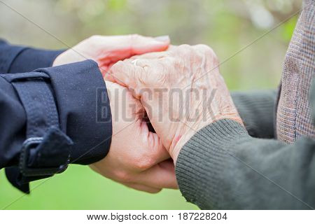 Close up picture of a young woman's hands holding an elderly female's hands