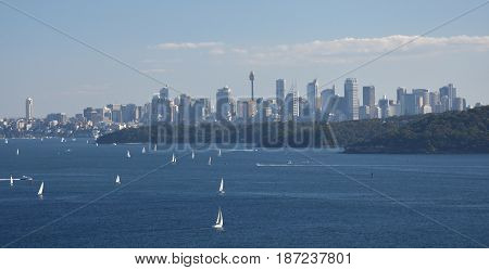 Sydney Harbour and CBD city view from North Head (Sydney NSW Australia).