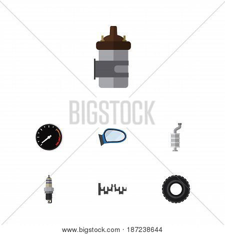 Flat Parts Set Of Absorber, Tachometr, Auto Component And Other Vector Objects. Also Includes Mirror, Engine, Crankshaft Elements.