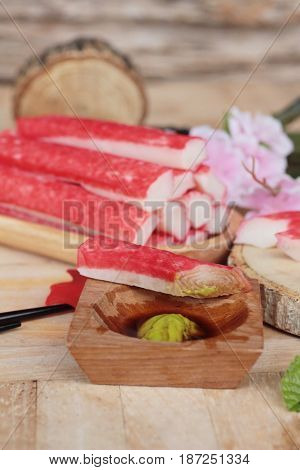 Crab stick with wasabi sauce is delicious
