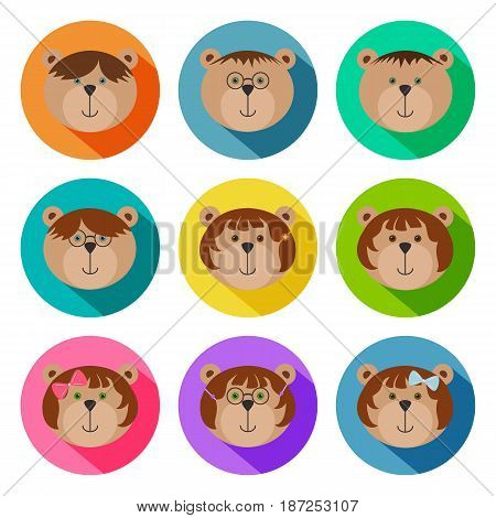 Set of teddy bears classmates flat icons. Drop shadow effect. Colorful avatar set of funny girls and boys. Vector illustration for stickers. Children bears with glasses ribbons pins and spectacles