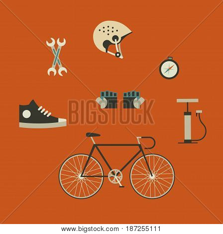 Vector illustration icon set of bicycle: helmet, gloves, pumps, boots compass service bike