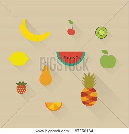 Vector illustration icon set of fruits: banana, cherry, kiwi, lemon, watermelon, apple pear strawberry orange and pineapple