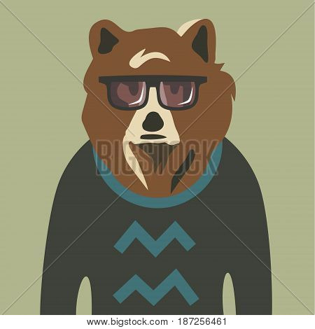 Vector illustration of hipster bear in sweater and glasses.