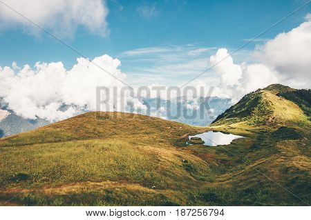 Lake and Mountains clouds Landscape Summer Travel serene scenic aerial view atmospheric scene