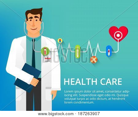 Handsome doctor with stethoscope and many different medical icons. Cardiologist Dr. Vector illustration can be used in the brochures and websites.