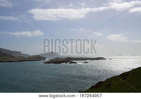 Sun glistening off of the water surrounding the Blasket Islands in Ireland.