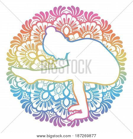 Mandala round background. Firefly yoga pose. Tittibhasana Vector illustration
