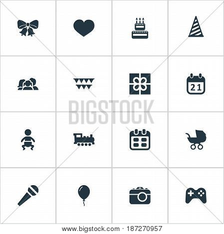 Vector Illustration Set Of Simple Holiday Icons. Elements Train, Camera, Aerostat And Other Synonyms Sky, Party And Aerostat.