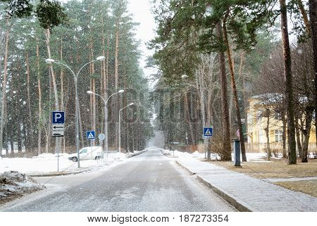Jurmala, Latvia snowy, cold street in winter
