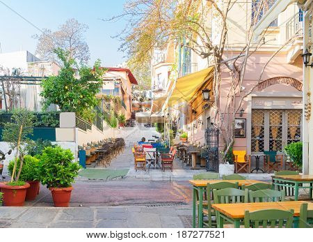 small cosy street of famous Placa district in Athens, Greece