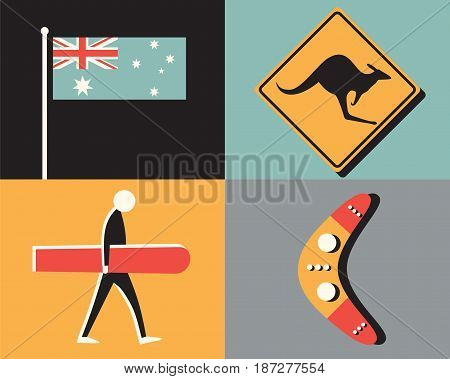 Vector flat illustration, icon set of Australia: kangaroo, boomerang, surfing nature