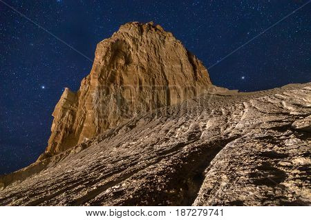 Rocks and cliffs in the desert canyon of Boszhira on background of the starry sky, chines of Ustyurt, Kazakhstan