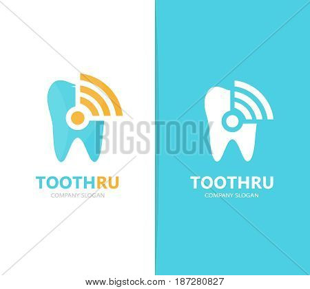 Vector of tooth and wifi logo combination. Dental and signal symbol or icon. Unique clinic and radio, internet logotype design template.