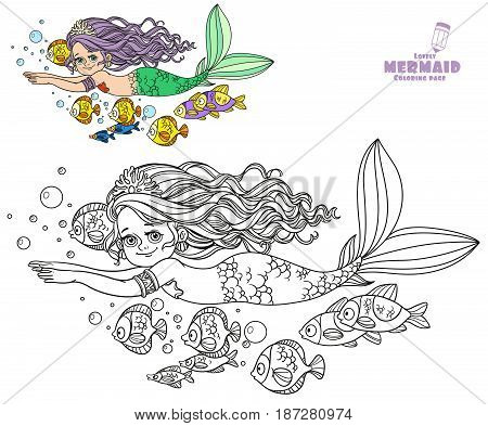 Beautiful Little Mermaid Girl Swim With Fish Coloring Page On A White Background