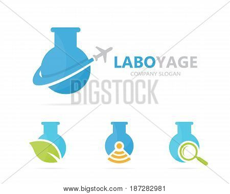 Vector of flask and airplane logo combination. Laboratory and travel symbol or icon. Unique flight and science logotype design template.