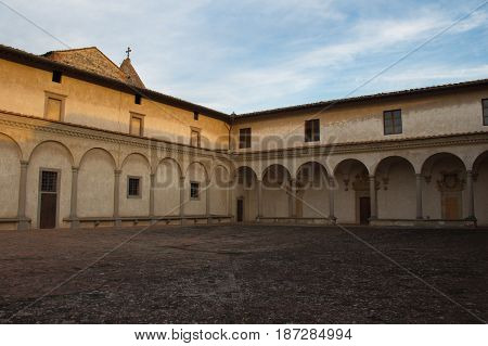 Italy Florence - December 24 2016: the view of the fore courtyard of Florence Charterhouse church Certosa di Galluzzo di Firenze on December 24 2016 in Florence Tuscany Italy.