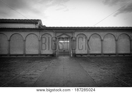 Italy Florence - December 24 2016: the view of the entrance of Florence Charterhouse church Certosa di Galluzzo di Firenze. View from inner courtyard on December 24 2016 in Florence Tuscany Italy.