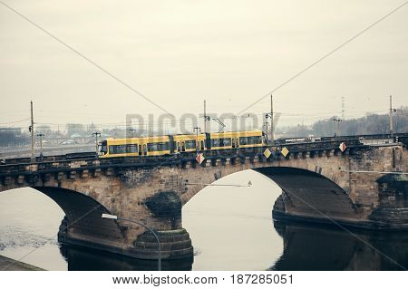The modern tramway in Dresden in Germany. Life in Europe.