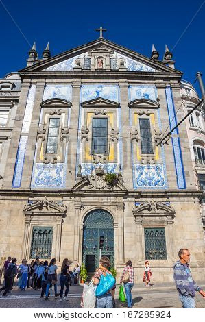 PORTO PORTUGAL - OCTOBER 20 2015: Church of Saint Antony of Congregados - Igreja de Santo Antonio dos Congregados built in 1703 and covered with typical Portuguese blue tiles called Azulejos Porto Portugal