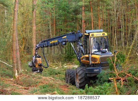 PILSEN CZECH REPUBLIC - APRIL 5, 2017: unidentified lumberjack with modern harvester Ponsse Ergo 6W working in a forest. Forestry is Czech's traditional industry with a very long history. 