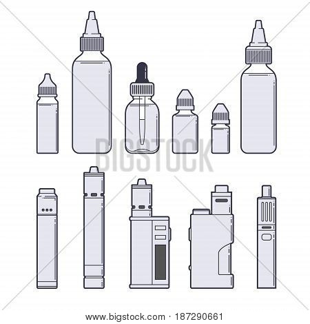 Vaping vector set. Juices and devices outline on white background. EPS10