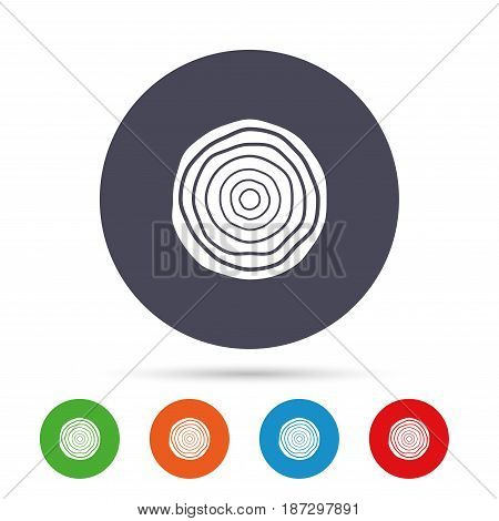 Wood sign icon. Tree growth rings. Tree trunk cross-section. Round colourful buttons with flat icons. Vector