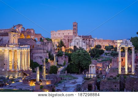 Forum Romanum And Colosseum In Rome After Sunset