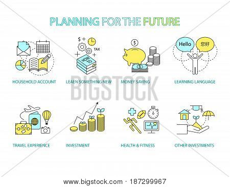 Set of Flat line icon & infographic design concept Planning the future