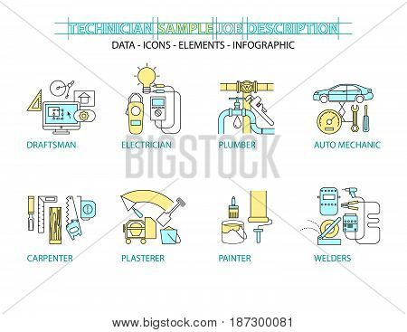Set of Flat line icon & infographic design concept Technicians engineers