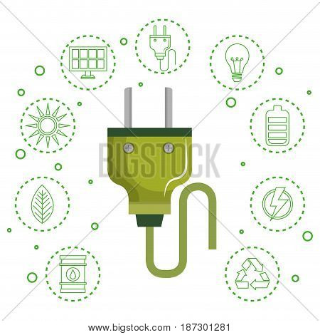 Green power plug with hand drawn eco friendly object stickers over white background. Vector illustration.