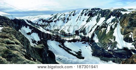 Dramatic snow covered ravine in Southern Iceland