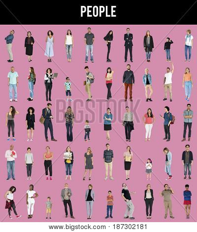 Various of diversity people full body set standing with smiling on background