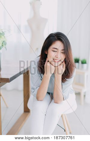 Portrait Of Beautiful Asian Girl With Beautiful Clothing And Relex Posting.