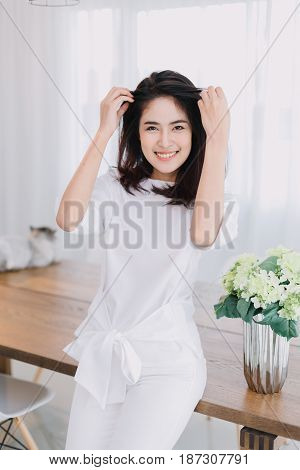 Portrait Of Beautiful Asian Girl With Beautiful Clothing And Relex Posting.