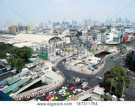 Aerial View Of Landscape And Cityscape With Traffic Road At Hua Lamphong Of Bangkok City
