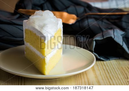 Closeup Homemade Sweet Dessert Fresh Coconut Cream With Slice Delicious Vanila Sponge Cake