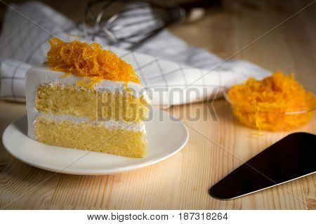 Closeup Delicious Sweet Dessert Thai Golden Egg Threads On Soft Vanila Sponge Cake