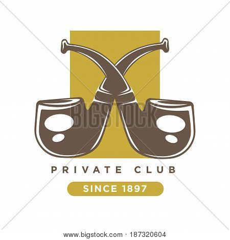 Private club logo with two brown crossed smoking pipes against dark vertical yellow rectangular isolated on white. Vector colorful label of organisation for real gentleman with inscription below