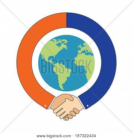 Handshake around Globe International Partnership symbol. Vector Illustration