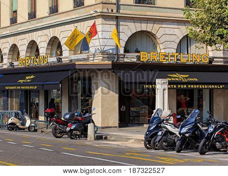 Geneva, Switzerland - 24 September, 2016: exterior of a Breitling store. Breitling SA is a Swiss watchmaker based in the town of Grenchen, it was founded in 1884 by Leon Breitling.