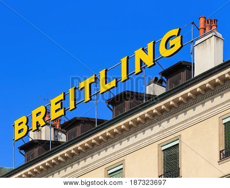Geneva, Switzerland - 24 September, 2016: Breitling sign on the roof of a building. Breitling SA is a Swiss watchmaker based in the town of Grenchen, it was founded in 1884 by Leon Breitling.